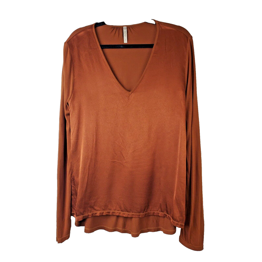 XCVI Womens Small Top Copper Long Sleeve V-Neck Satin Rust Tunic Rayon